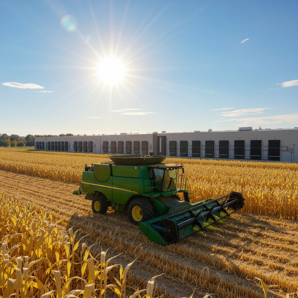 A sun shines brightly in a blue sky over a field of corn as a green combine for harvesting the ripe crop travels nearby. L...