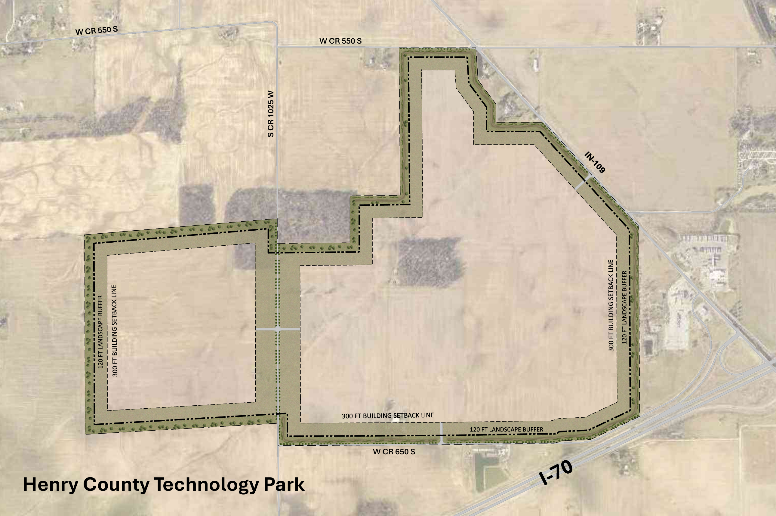 Henry County Technology Park, aerial map with acreage information superimposed.