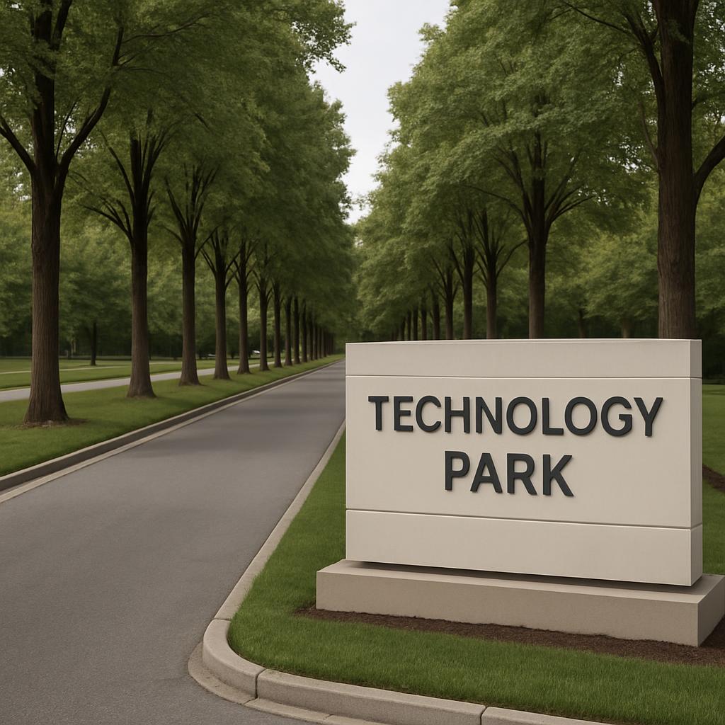 A park, featuring a road, lush greenery with trees, and a prominent sign reading "technology park".